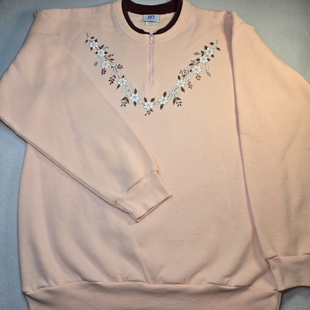 Vtg PFI Peach Pink Graphic Print Floral Sweatshirt 1/4 Zip Cottagecore Grandma L - Picture 6 of 9